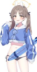 Rule 34 | 1girl, animal ears, bikini, black bikini, blue archive, blue sweater, blush, brown hair, commentary, cowboy shot, crop top, crop top overhang, cropped sweater, fake animal ears, halo, hand up, highres, long hair, long sleeves, moe (blue archive), moe (swimsuit) (blue archive), murase48, navel, official alternate costume, open mouth, parted bangs, rabbit ears, simple background, solo, stomach, sweater, swimsuit, twintails, white background, yellow eyes