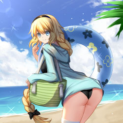 Rule 34 | 1girl, ass, bad id, bad pixiv id, beach, bikini, black bikini, black bow, black hairband, blue eyes, blue innertube, blue jacket, blue sky, bow, braid, closed mouth, cloud, cloudy sky, commentary request, day, fate/apocrypha, fate/grand order, fate (series), floral print, hair between eyes, hair bow, hairband, hood, hood down, hooded jacket, horizon, innertube, jacket, jeanne d&#039;arc (fate), jeanne d&#039;arc (ruler) (fate), jeanne d&#039;arc (swimsuit archer) (fate), jeanne d&#039;arc (swimsuit archer) (first ascension) (fate), leaning forward, long hair, long sleeves, looking at viewer, looking back, ocean, outdoors, palm tree, sand, sky, sleeves past wrists, smile, solo, swim ring, swimsuit, tree, user awm7451, very long hair, water