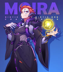 Rule 34 | 1girl, ahoge, black robe, blue background, breasts, catin, character name, drop shadow, english text, fingernails, glowing, half mask, headgear, highres, long fingernails, magic, mask, medium breasts, moira (overwatch), orange hair, overwatch, red eyes, robe, short hair, smile, solo, wide sleeves