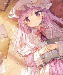 Rule 34 | 1girl, bad id, bad pixiv id, blush, book, bow, bowtie, capelet, cherry blossoms, crescent, dress, hair bow, hair ornament, hat, hat bow, long hair, long sleeves, looking away, lying, mob cap, on back, on floor, open book, parted lips, patchouli knowledge, petals, purple eyes, purple hair, shnva, solo, striped clothes, striped dress, sunlight, touhou, vest, wide sleeves