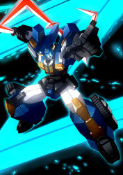 Rule 34 | autobot, boomerang, dai atlas, glowing, glowing eyes, highres, holding, holding weapon, horns, mecha, nichisogawa asaryo, no humans, open mouth, pointing, pointing up, robot, science fiction, solo, transformers, transformers zone, weapon