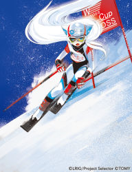 Rule 34 | 10s, 1girl, animal ears, blue eyes, bodysuit, cat ears, fang, gloves, goggles, helmet, highres, long hair, looking at viewer, official art, open mouth, skiing, skis, snow, solo, tokiti, very long hair, watermark, white hair, wixoss