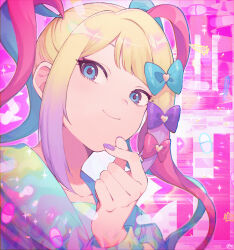 Rule 34 | 1girl, blonde hair, blue bow, blue eyes, blue hair, bow, chouzetsusaikawa tenshi-chan, closed mouth, gradient hair, hair bow, highres, long sleeves, looking at viewer, multicolored hair, needy girl overdose, pill, pink background, pink bow, pink hair, purple bow, purple hair, purple nails, quad tails, sailor collar, show chiku-by, smile, solo, twintails, upper body