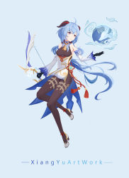 Rule 34 | 1girl, absurdres, ahoge, artist name, bare shoulders, bell, black gloves, blue background, blue hair, bodystocking, bow (weapon), breasts, commentary, detached sleeves, flower knot, full body, ganyu (genshin impact), genshin impact, gloves, hand up, high heels, highres, holding, holding bow (weapon), holding weapon, horns, legs, long hair, medium breasts, monochrome, neck bell, parted lips, purple eyes, qilin (mythology), sidelocks, simple background, solo, tassel, vision (genshin impact), waist cape, weapon, white footwear, white sleeves, xiangyu xiangyu