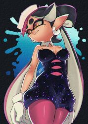 Rule 34 | + +, 1girl, bare arms, bare shoulders, black hair, bow-shaped hair, breasts, callie (splatoon), cleavage, closed mouth, collar, collarbone, detached collar, dress, earrings, flipped hair, food, food on head, gloves, gradient hair, highres, hoop earrings, inkling, isamu-ki (yuuki), jewelry, medium breasts, mole, mole under eye, multicolored hair, nintendo, object on head, pantyhose, pink hair, pink pantyhose, pointy ears, short jumpsuit, signature, smile, solo, splatoon (series), squid girl, star-shaped pupils, star (symbol), strapless, strapless dress, sushi, swept bangs, symbol-shaped pupils, tentacle hair, twintails, two-tone hair, white collar, white gloves, yellow eyes