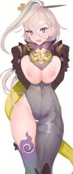 Rule 34 | 1girl, asymmetrical clothes, blush, bodysuit, breasts, fate/grand order, fate (series), grey bodysuit, hair ornament, hairpin, huyan zhuo (fate), huyan zhuo (second ascension) (fate), kunabishi, large breasts, long hair, looking at viewer, nipples, open mouth, single pantsleg, solo, thighs