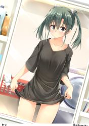 Rule 34 | 10s, 1girl, absurdres, alternate costume, basket, black shirt, bottomless, casual, clothes lift, collarbone, contemporary, dutch angle, gluteal fold, green eyes, green hair, hair ribbon, highres, hino (2nd life), kantai collection, lifted by self, long sleeves, matching hair/eyes, ribbon, shelf, shirt, shirt lift, unworn shirt, soap bottle, solo, standing, thighs, twintails, washing machine, white ribbon, white shirt, zuikaku (kancolle)