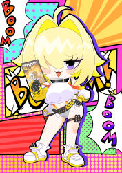 Rule 34 | 1girl, :d, absurdres, ahoge, black gloves, blonde hair, blush stickers, breasts, chibi, clothing cutout, colorful, contrapposto, crop top, crop top overhang, cropped sweater, elegg (nikke), exposed pocket, full body, gloves, goddess of victory: nikke, grey shorts, hair intakes, hair over eyes, highres, large breasts, long bangs, long sleeves, micro shorts, multicolored clothes, multicolored gloves, multicolored hair, navel, okome wo kuu hetare, open mouth, purple eyes, short hair, shorts, shoulder cutout, smile, solo, suspender shorts, suspenders, thigh strap, thighs, two-tone hair, yellow gloves