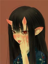 Rule 34 | 1girl, akanbe, black hair, blush, ebimomo, eyelid pull, horns, japanese clothes, kimono, long hair, monster girl, oni, pointy ears, portrait, red eyes, simple background, slit pupils, solo, tears, tongue, tongue out