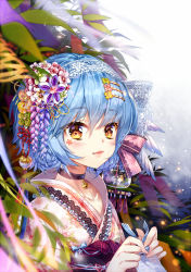 Rule 34 | 1girl, artist name, bell, black neckwear, blue bow, blue hair, blurry, bow, braid, brown eyes, choker, closed mouth, depth of field, flower, green flower, hair between eyes, hair flower, hair ornament, hairband, hairclip, hieihirai, japanese clothes, kanzashi, kimono, lace-trimmed hairband, lace trim, leaf, looking at viewer, neck bell, original, pink flower, sash, short hair, smile, solo, white flower, white hairband, yellow flower, yukata