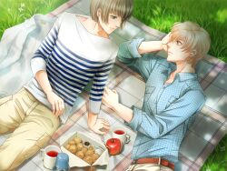 Rule 34 | 2boys, apple, belt, belt buckle, blonde hair, brown hair, buckle, cecil coward, cup, disposable cup, flower, food, fruit, game cg, grass, green eyes, looking at another, lossless, male focus, michael levi, mug, multiple boys, natsumi kai, non-web source, outdoors, pants, picnic, plaid, plaid shirt, shingakkou, shirt, short hair, striped clothes, striped shirt, white flower