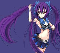 Rule 34 | 1girl, arc system works, bare shoulders, belt, blazblue, blazblue: central fiction, breasts, cosplay, detached sleeves, doll joints, hades izanami, joints, long hair, mikado (blazblue), miniskirt, neptune (series), noire (neptunia), noire (neptunia), noire (neptunia) (cosplay), purple background, purple hair, red eyes, simple background, skirt, smile, solo, thighhighs, twintails, very long hair