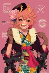Rule 34 | 10s, 1girl, :d, ashido mina, bad id, bad pixiv id, black sclera, blush, boku no hero academia, colored sclera, colored skin, floral print, flower, flower on head, fur trim, gloves, hair ornament, hat, highres, horns, japanese clothes, kimono, long sleeves, nanaminn, open mouth, pink background, pink hair, pink skin, rose, short hair, simple background, smile, wide sleeves, yellow eyes