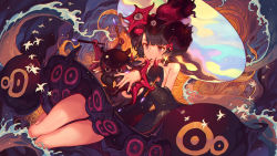 Rule 34 | 1girl, asymmetrical bangs, bird, black dress, black hair, chinese commentary, commentary request, detached sleeves, dress, fate/grand order, fate (series), hair ornament, highres, hong da, katsushika hokusai (fate), katsushika hokusai (third ascension) (fate), looking at animal, octopus, paintbrush, parted lips, plunging neckline, purple eyes, shikigami, short hair, spikes, tentacles, tokitarou (fate), waves