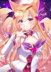 Rule 34 | 1girl, ahri (league of legends), animal ears, blonde hair, breasts, cleavage, commission, felielle, fox ears, fox tail, large breasts, league of legends, long hair, looking at viewer, magical girl, multiple tails, nail polish, purple eyes, sky, solo, sparkle, star (sky), star guardian (league of legends), star guardian ahri, starry sky, tagme, tail
