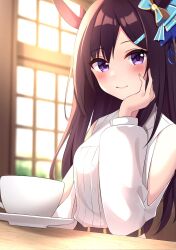 Rule 34 | alternate costume, belt, black hair, blurry, blurry background, blush, breasts, casual, closed mouth, clothing cutout, commentary request, cup, hair ornament, hairclip, hand on own cheek, hand on own face, highres, horse girl, looking at viewer, medium breasts, mejiro dober (umamusume), mug, shoulder cutout, smile, table, umamusume, window, zeatto