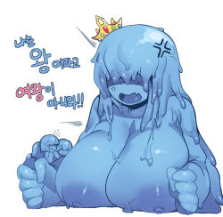 Rule 34 | 5girls, anger vein, blue hair, blue nipples, blue skin, breasts, colored nipples, colored skin, crown, fang, flying sweatdrops, hair over eyes, highres, huge breasts, king slime (terraria), korean text, long hair, mini crown, monster girl, multiple girls, nipples, nyong nyong, open mouth, personification, simple background, skin fang, slime (substance), slime girl, terraria, translation request, very long hair, white background
