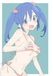 1girl absurdres armpit_crease armpits bad_id bad_twitter_id bikini blue_eyes blue_hair blush breasts cat_hair_ornament collarbone donguri_suzume female_focus from_side groin hair_ornament head_tilt highres looking_at_viewer medium_breasts micro_bikini navel open_mouth original short_hair side-tie_bikini_bottom sideboob solo swimsuit two_side_up underboob