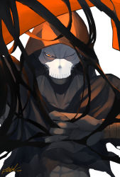 Rule 34 | 1boy, absurdres, black skin, colored skin, fate/stay night, fate (series), fingernails, glowing, glowing hand, hassan of the cursed arm (fate), highres, hood, male focus, mask, metalfrog, orange eyes, signature, skull mask, solo