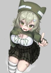 Rule 34 | 1girl, alternate costume, bandaid, bandaid on leg, black skirt, blush, breasts, cleavage, clothes writing, commentary request, contemporary, crossed bangs, fingerless gloves, full body, ghost tail, gloves, green eyes, green hair, green headwear, grey background, hair ornament, hand on own chest, highres, index finger raised, korean commentary, large breasts, long sleeves, looking at viewer, ofuda, ofuda on clothes, open mouth, short hair, simple background, skirt, soga no tojiko, solo, striped clothes, striped thighhighs, thighhighs, touhou, v-shaped eyebrows, vuluhappy