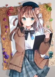 Rule 34 | 1girl, animal ears, blue eyes, brown hair, cardigan, cat ears, drawing tablet, extra ears, gloves, hat, heripiro, highres, holding, holding drawing tablet, holding stylus, long hair, looking at viewer, open cardigan, open clothes, original, partially fingerless gloves, pleated skirt, skirt, solo, stylus