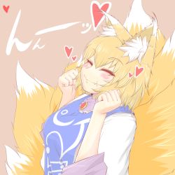 Rule 34 | 1girl, animal ears, blonde hair, blush, closed eyes, cube85, dress, eating, fang, fox ears, fox tail, heart, long sleeves, multiple tails, no headwear, simple background, solo, table, tail, touhou, upper body, white dress, wide sleeves, yakumo ran