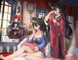 Rule 34 | 2girls, animal ears, bare legs, barefoot, black hair, blue dress, breasts, character request, clock, closed eyes, closed mouth, collarbone, commentary request, courier (granblue fantasy), cup, dress, erune, flower, full body, granblue fantasy, hair brush, hand up, holding, holding pillow, indoors, kneeling, long dress, long hair, medium breasts, multiple girls, nier (granblue fantasy), on bed, open mouth, pillow, red dress, sitting, taba comya, tea set, teacup, teapot, very long hair, window, yawning