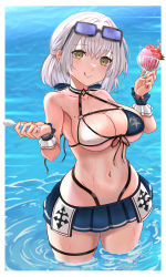Rule 34 | 1girl, adapted costume, bare shoulders, bikini, bowl, braid, breasts, chest belt, chest strap, cleavage, day, eyewear on head, food, french braid, frills, front-tie bikini top, front-tie top, full body, green eyes, grey hair, hairband, highres, holding, holding bowl, holding spoon, hololive, ice cream cup, large breasts, looking at viewer, mole, mole on breast, navel, off-shoulder sweater, off shoulder, oursong (kiam pis), shaved ice, shirogane noel, shirogane noel (summer 2020), short hair, smile, solo, spoon, sweater, swimsuit, virtual youtuber, wavy hair, wrist guards