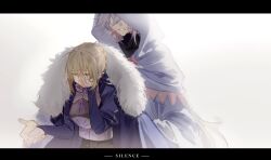 Rule 34 | 1boy, 1girl, armor, armored dress, artoria pendragon (all), artoria pendragon (fate), blonde hair, blue cape, blue dress, braid, bsq, cape, capelet, comforting, crying, dress, english text, fate/grand order, fate (series), flower knot, french braid, fur-trimmed capelet, fur trim, hair between eyes, hair ornament, hair ribbon, highres, hood, hood up, hooded robe, long hair, long sleeves, merlin (fate), ribbon, robe, saber (fate), tears, very long hair, white background, white hair, white robe