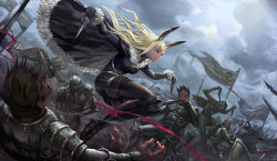 Rule 34 | 1girl, 6+boys, animal ears, armor, armored boots, battle, battle standard, black cape, blonde hair, blood, bodysuit, boots, breasts, brown eyes, brown hair, brown thighhighs, cape, cloud, cloudy sky, commentary request, dagger, dual wielding, fantasy, flag, fur-trimmed cape, fur trim, gauntlets, holding, holding dagger, holding knife, holding shield, holding sword, holding weapon, knee boots, knife, long hair, medium breasts, multiple boys, noba, open mouth, outdoors, pauldrons, pixiv fantasia, pixiv fantasia last saga, polearm, rabbit ears, shield, short hair, shoulder armor, sky, spear, sword, thighhighs, wavy hair, weapon