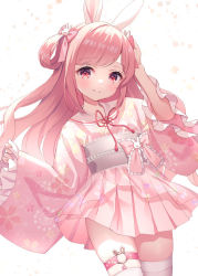 Rule 34 | 1girl, animal ears, arm up, bow, chitosezaka suzu, closed mouth, commentary request, floral print, frilled sleeves, frills, hair bow, hair ornament, hair rings, hand up, japanese clothes, kimono, long hair, long sleeves, looking at viewer, obi, original, pinching sleeves, pink bow, pink hair, pink kimono, pink skirt, pleated skirt, print kimono, rabbit ears, rabbit hair ornament, red eyes, sash, skirt, smile, solo, thighhighs, very long hair, white background, wide sleeves