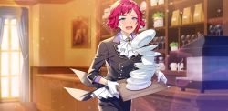 Rule 34 | 1boy, afterl!fe, androgynous, blue eyes, blush, butler, crying, formal, gloves, highres, long sleeves, male focus, official art, open mouth, pink hair, plate, quincy (afterl!fe), second-party source, short hair, solo, suit, tailcoat, tearing up, tripping