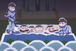 Rule 34 | 10s, 6+boys, aoki (fumomo), barefoot, black eyes, black hair, blank eyes, blanket, blue pants, blush, brothers, cheek poking, cheek pull, clenched teeth, curtains, facial hair, futon, grin, heart, heart in mouth, indoors, long sleeves, lying, male focus, matsuno choromatsu, matsuno ichimatsu, matsuno jyushimatsu, matsuno karamatsu, matsuno osomatsu, matsuno todomatsu, multiple boys, mustache, official style, on back, one eye closed, open mouth, osomatsu-kun, osomatsu-san, osomatsu (series), oversized object, pajamas, pants, pillow, pliers, poking, sextuplets, shaded face, shadow, siblings, smile, squatting, standing, teeth