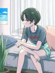 Rule 34 | 1girl, black hair, blue eyes, dithering, female focus, indoors, mouth hold, narume, on bed, original, pixel art, plant, potted plant, shirt, short hair, short shorts, shorts, sitting, solo, t-shirt, window