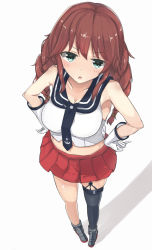Rule 34 | 1girl, absurdres, anchor symbol, arms at sides, arms behind head, bad id, bad pixiv id, bare shoulders, blush, braid, breasts, brown hair, cleavage, collarbone, eyes visible through hair, garter straps, gloves, green eyes, hair between eyes, highres, hoosu (f-o-c), kantai collection, large breasts, looking at viewer, navel, noshiro (kancolle), sidelocks, simple background, single thighhigh, skirt, smile, solo, thighhighs, twin braids, white background