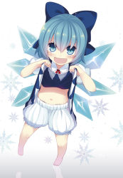 Rule 34 | &gt;:d, 1girl, :d, barefoot, bloomers, blue dress, blue eyes, blue hair, blush, bow, cirno, clothes lift, dress, dress lift, hair bow, lifted by self, looking at viewer, matching hair/eyes, midriff, minamura haruki, navel, open mouth, shirt, short hair, smile, solo, touhou, underwear, v-shaped eyebrows, wings