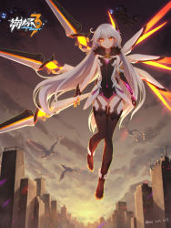 Rule 34 | 1girl, ahoge, armor, armored dress, artist name, backlighting, battlecruiser (starcraft), bird, breasts, building, cityscape, commentary, copyright name, crossover, dated, diamond-shaped pupils, diamond (shape), elbow gloves, energy wings, english commentary, expressionless, floating, floating hair, full body, fur collar, gloves, glowing, glowing eyes, highres, honkai (series), honkai impact 3rd, kiana kaslana, kiana kaslana (herrscher of the void), light purple hair, long hair, looking at viewer, medium breasts, neon trim, orange eyes, single elbow glove, skyscraper, smile, solo, spacecraft, starcraft, symbol-shaped pupils, thigh gap, thighhighs, very long hair, xiaoxiao de silian