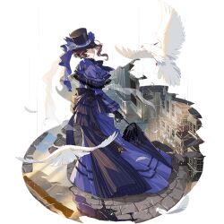Rule 34 | 1girl, bird, black hat, blue dress, blue eyes, brown hair, closed mouth, dress, feathers, flower, flying, full body, gloves, hat, holding, holding umbrella, honkai (series), honkai impact 3rd, irene adler (honkai impact), official art, reflection, smile, solo, standing, third-party source, top hat, transparent background, umbrella, water