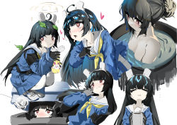 Rule 34 | 1girl, :&lt;, @ @, absurdres, animal ears, armband, belt, belt pouch, black gloves, black hair, blue archive, blue hair, blue skirt, blush, closed eyes, closed mouth, commentary, cup, dripping, eyes visible through hair, fake animal ears, gloves, gradient hair, grey gloves, hair bun, halo, heart, highres, holding, holding cup, leaf, leaf on head, long hair, mitsuki3s kir, miyu (blue archive), mug, multicolored clothes, multicolored gloves, multicolored hair, multiple views, neckerchief, open mouth, pantyhose, partially submerged, pink pupils, pouch, red eyes, saliva, saliva trail, shoes, simple background, sketch, skirt, sneakers, tearing up, tongue, tongue out, trash, trash can, two-tone gloves, two-tone hair, water, white background, white footwear, white pantyhose, yellow neckerchief