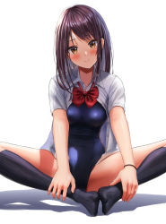 Rule 34 | 1girl, black socks, blue one-piece swimsuit, blush, bow, bowtie, brown eyes, brown hair, butterfly sitting, closed mouth, collared shirt, competition school swimsuit, dress shirt, head tilt, highres, kneehighs, long hair, looking at viewer, one-piece swimsuit, open clothes, open shirt, original, red bow, red bowtie, school swimsuit, school uniform, shirt, simple background, sitting, smile, socks, solo, spread legs, swimsuit, unbuttoned, unbuttoned shirt, white background, wristband, yukemuriganmo