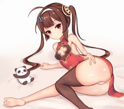 Rule 34 | 1girl, ahoge, ass, azur lane, bare arms, bare shoulders, barefoot, breasts, brown hair, china dress, chinese clothes, closed mouth, dress, feet, female focus, hair ornament, hairband, highres, long hair, looking at viewer, lying, on side, panda, panties, pantyshot, ping hai (azur lane), red eyes, shiny skin, simple background, single thighhigh, small breasts, solo, stuffed animal, stuffed panda, stuffed toy, sv mnm, thighhighs, twintails, underwear, white background, white panties