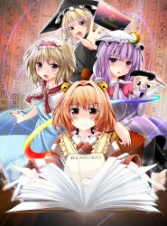 Rule 34 | 4girls, alice margatroid, apron, bell, blonde hair, book, bow, braid, capelet, character name, clothes writing, crescent, dress, female focus, hair bell, hair bow, hair ornament, hat, headband, hiragana, japanese clothes, jewelry, kiki (koikuchikinako), kimono, kirisame marisa, long hair, looking at viewer, mob cap, motoori kosuzu, multiple girls, open book, open mouth, outstretched arm, patchouli knowledge, puppet rings, puppet strings, purple eyes, purple hair, quill, red eyes, red hair, ribbon, ring, short hair, single braid, touhou, witch hat, yellow eyes