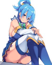 Rule 34 | 1girl, aqua (konosuba), bare shoulders, black mutou, blue dress, blue eyes, blue footwear, blue hair, blush, boots, bow, bowtie, breasts, brooch, commentary request, detached sleeves, dress, feet out of frame, green bow, green bowtie, hair between eyes, jewelry, knees together feet apart, kono subarashii sekai ni shukufuku wo!, large breasts, long hair, long sleeves, looking at viewer, short dress, sideboob, simple background, sitting, smile, solo, thighhighs, thighs, white background, white thighhighs