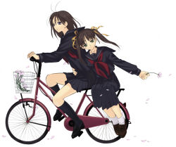 Rule 34 | 2girls, antenna hair, arm around waist, basket, bicycle, black footwear, black serafuku, black shirt, black skirt, black socks, blouse, blue eyes, brown footwear, daisy, expressionless, flower, from side, green eyes, hair ribbon, holding, holding flower, kneehighs, leaning on person, leaning to the side, loafers, long sleeves, looking at viewer, multiple girls, multiple riders, neckerchief, original, petals, pleated skirt, ribbon, riding, riding bicycle, school uniform, serafuku, shirt, shoes, sidesaddle, simple background, skirt, socks, twintails, white background, white legwear, yellow ribbon