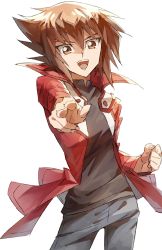 Rule 34 | 1boy, :d, bad id, bad pixiv id, black shirt, brown eyes, brown hair, clenched hand, duel academy uniform (yu-gi-oh! gx), grey pants, hair between eyes, jacket, k-me, looking at viewer, male focus, open clothes, open jacket, open mouth, outstretched arm, pants, red jacket, shirt, sketch, smile, solo, standing, white background, yu-gi-oh!, yu-gi-oh! gx, yuki judai