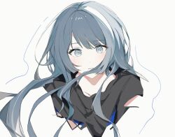 Rule 34 | 1girl, black shirt, blue eyes, blue hair, blush, commentary, cropped torso, highres, long hair, looking at viewer, pann (1202zzzx00), parted lips, project sekai, shirt, simple background, solo, tenma saki, upper body, white background