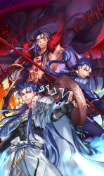 Rule 34 | 3boys, arm up, armor, beads, belt, black gloves, blue bodysuit, blue hair, bodypaint, bodysuit, cape, casting spell, claws, closed mouth, cu chulainn (caster) (fate), cu chulainn (fate), cu chulainn (fate) (all), cu chulainn (fate/stay night), cu chulainn alter (fate), cu chulainn alter (fate/grand order), cu chulainn alter (third ascension) (fate), dark blue hair, dark persona, earrings, elbow gloves, facepaint, fate/grand order, fate/stay night, fate (series), floating hair, fur-trimmed cape, fur-trimmed hood, fur trim, gae bolg (fate), gloves, grin, hair beads, hair ornament, highres, holding, holding polearm, holding weapon, hood, hood down, hood up, jewelry, kuzen, lancer, long hair, male focus, multiple boys, muscular, muscular male, open mouth, pauldrons, polearm, ponytail, red eyes, runes, shoulder armor, skin tight, slit pupils, smile, spiked hair, spikes, staff, tail, topless male, vambraces, weapon, wooden staff