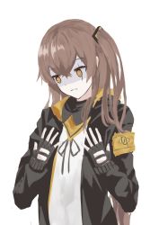 Rule 34 | 1girl, black gloves, black jacket, black ribbon, brown eyes, brown hair, closed mouth, fingerless gloves, girls&#039; frontline, gloves, hands on own chest, highres, jacket, long hair, looking down, neck ribbon, open clothes, open jacket, ribbon, scar, scar across eye, scar on face, shading eyes, shirt, side ponytail, simple background, solo, ump45 (girls&#039; frontline), unhappy, upper body, wh1te, white shirt