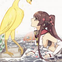 Rule 34 | 1girl, 1other, bird, breasts, brown hair, cherry blossoms, commentary request, crossover, detached sleeves, headgear, hi no tori, highres, kantai collection, long hair, medium breasts, parody, phoenix, ponytail, style parody, torn clothes, upper body, water, yamashichi (mtseven), yamato (kancolle)