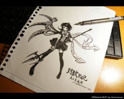 Rule 34 | 1girl, art tools in frame, artistic error, black hair, boots, female focus, houjuu nue, monochrome, oso (toolate), photo (medium), polearm, smile, solo, spear, thigh boots, thighhighs, touhou, traditional media, trident, weapon, wings
